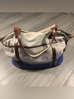 Anthropologie Jesslyn Blake Canvas & Leather Slouchy Blue & Cream Tote Handbag